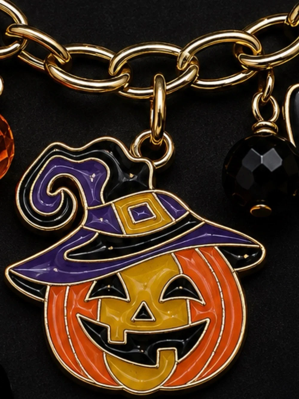 Halloween Witch Ghost Pumpkin Charm Bracelet Gold Tone Enamel NWT